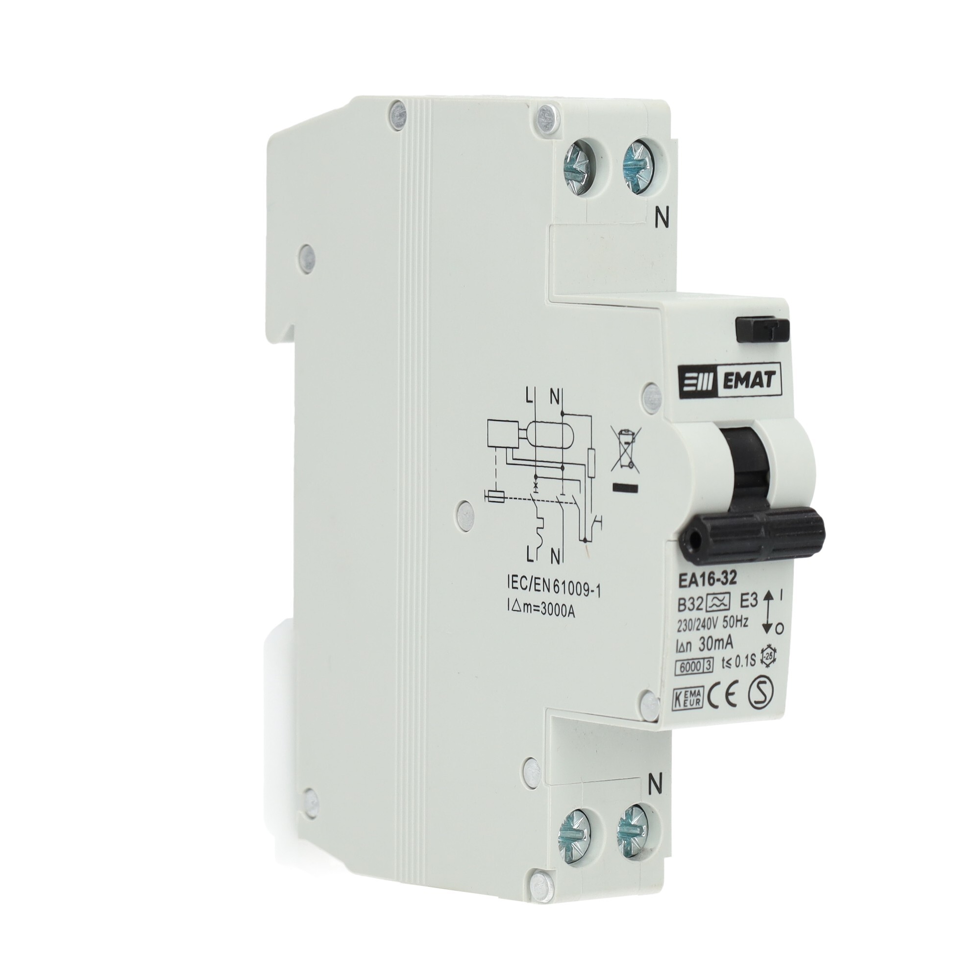 EMAT aardlekautomaat 1-polig+nul 32A B-kar 30mA