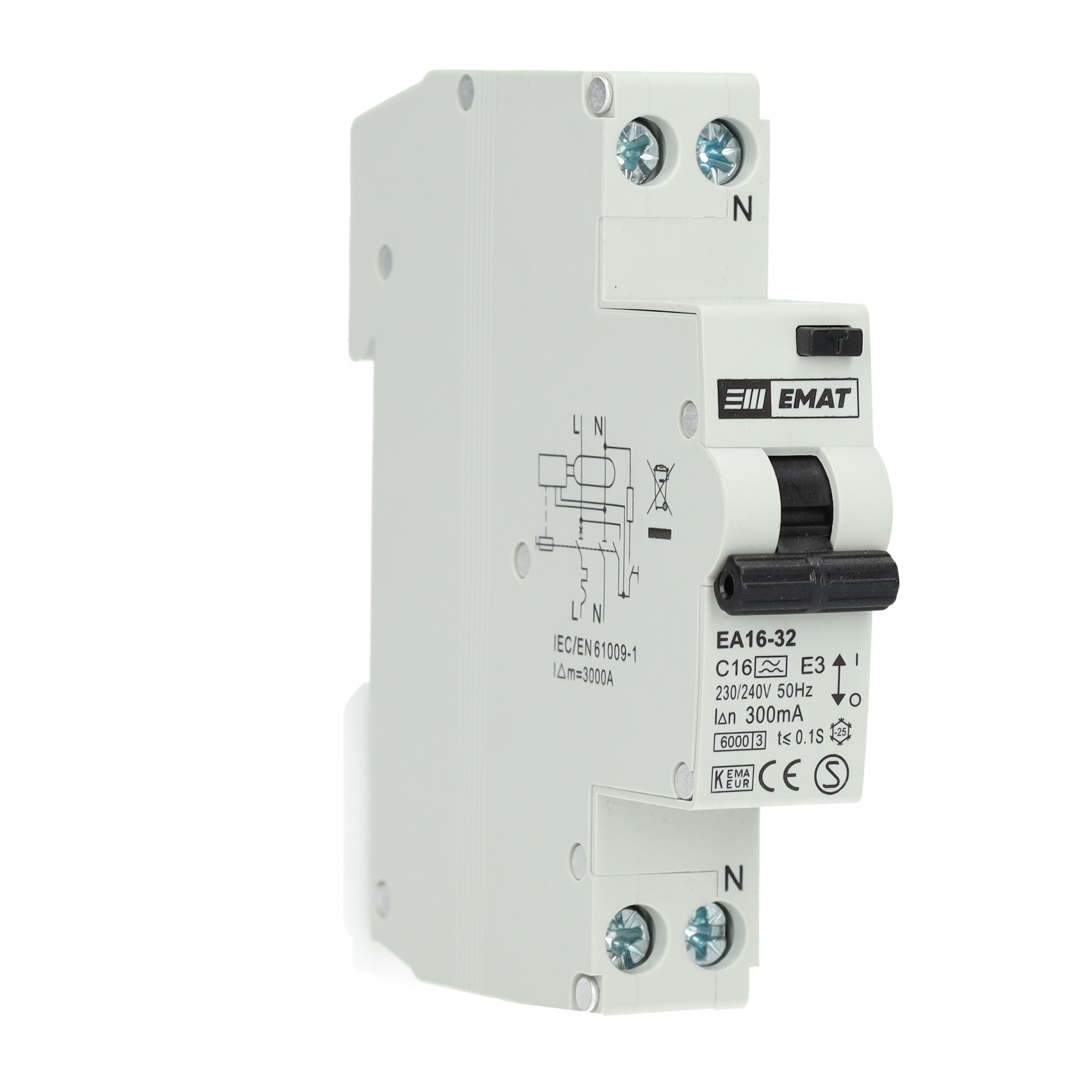 EMAT aardlekautomaat 1-polig+nul 16A C-kar 300mA
