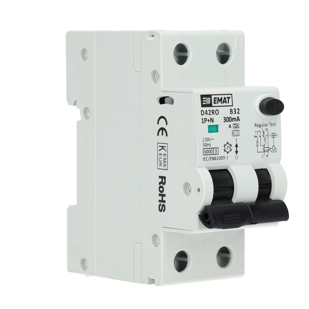 EMAT aardlekautomaat 1-polig+nul 32A B-kar 300mA 2 modules