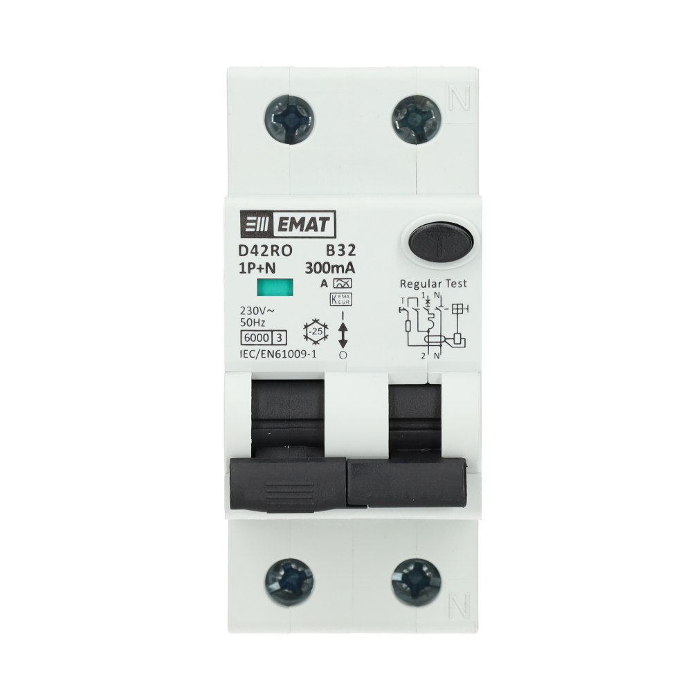 EMAT aardlekautomaat 1-polig+nul 32A B-kar 300mA 2 modules