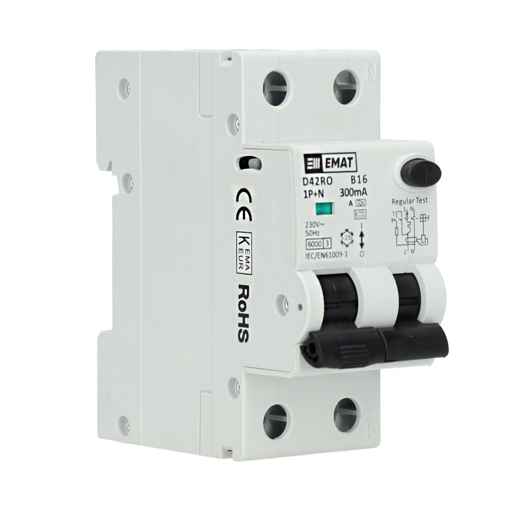 EMAT aardlekautomaat 1-polig+nul 16A B-kar 300mA 2 modules
