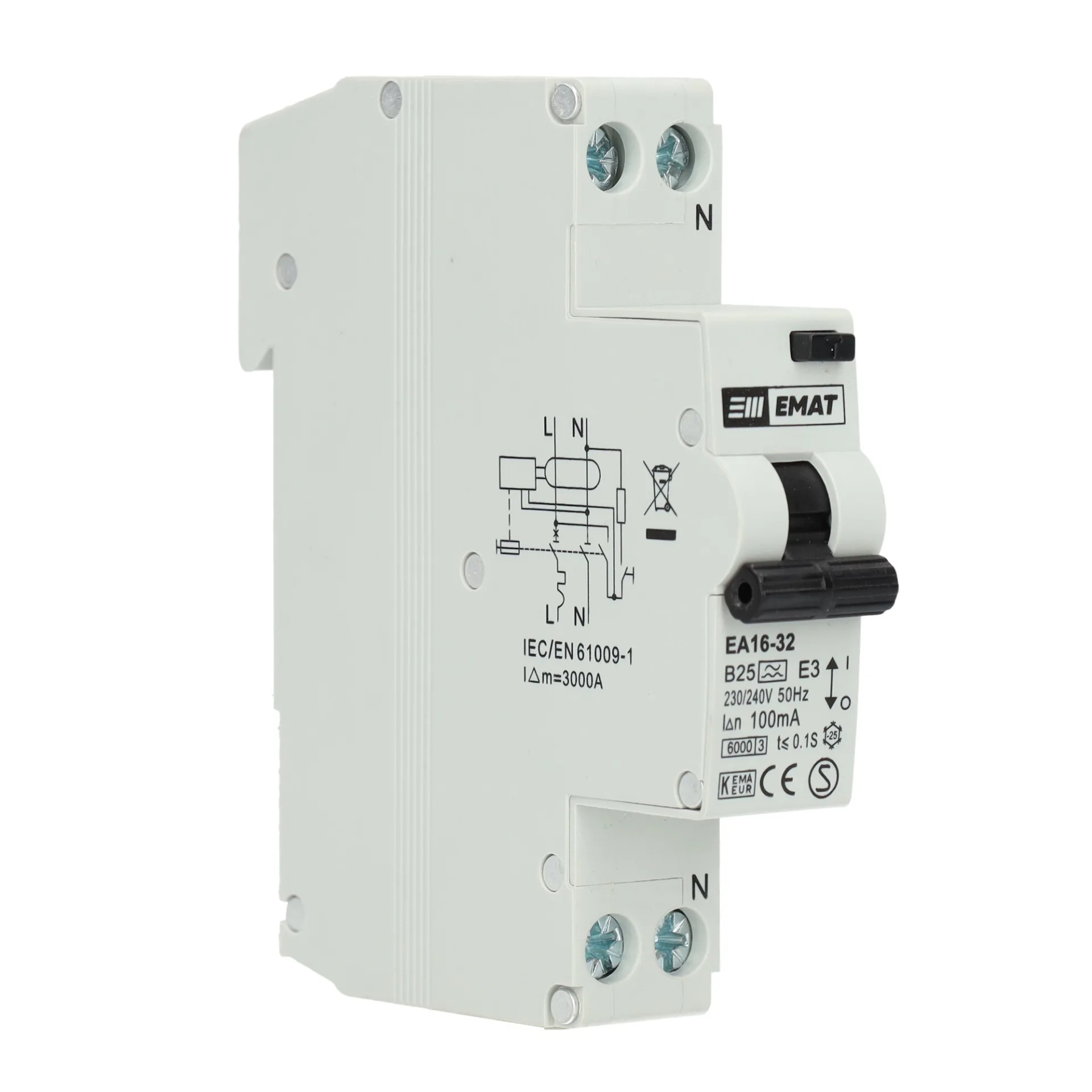 EMAT aardlekautomaat 1-polig+nul 25A B-kar 100mA
