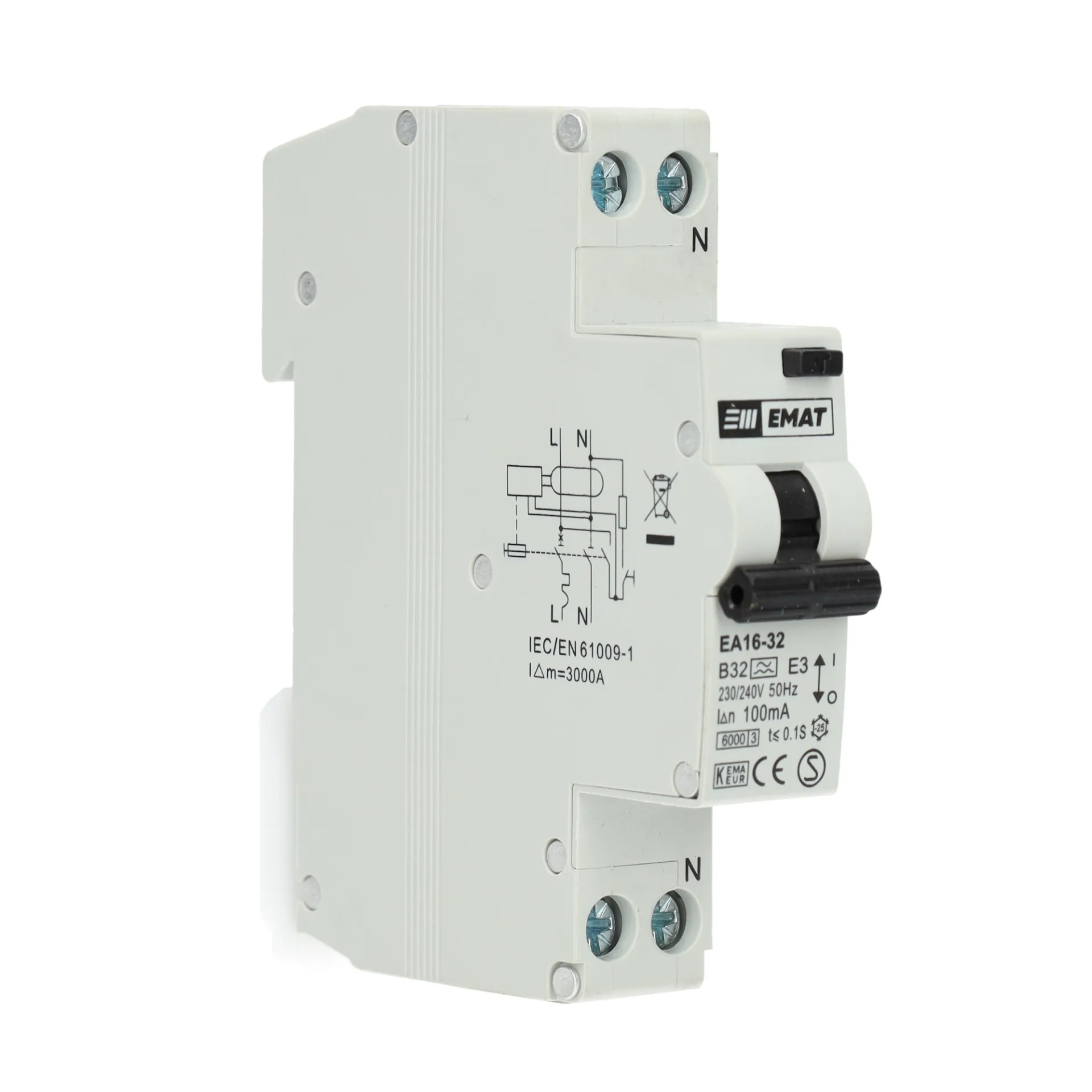 EMAT aardlekautomaat 1-polig+nul 32A B-kar 100mA