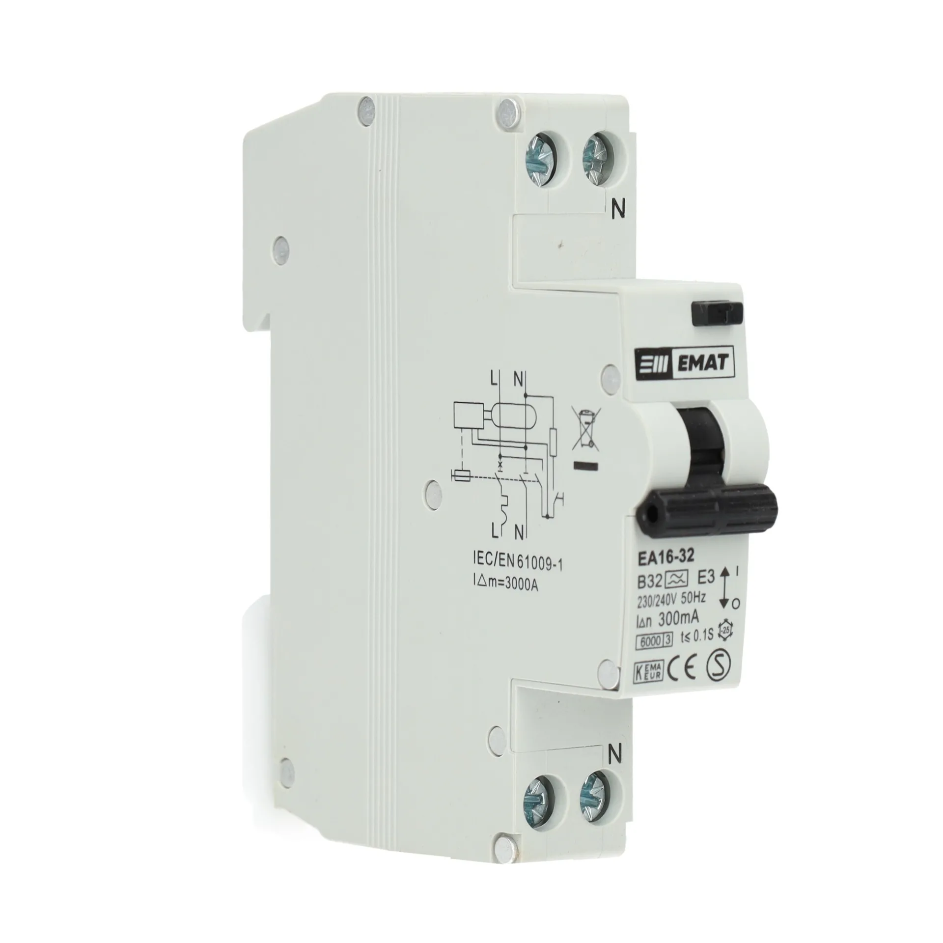 EMAT aardlekautomaat 1-polig+nul 32A B-kar 300mA