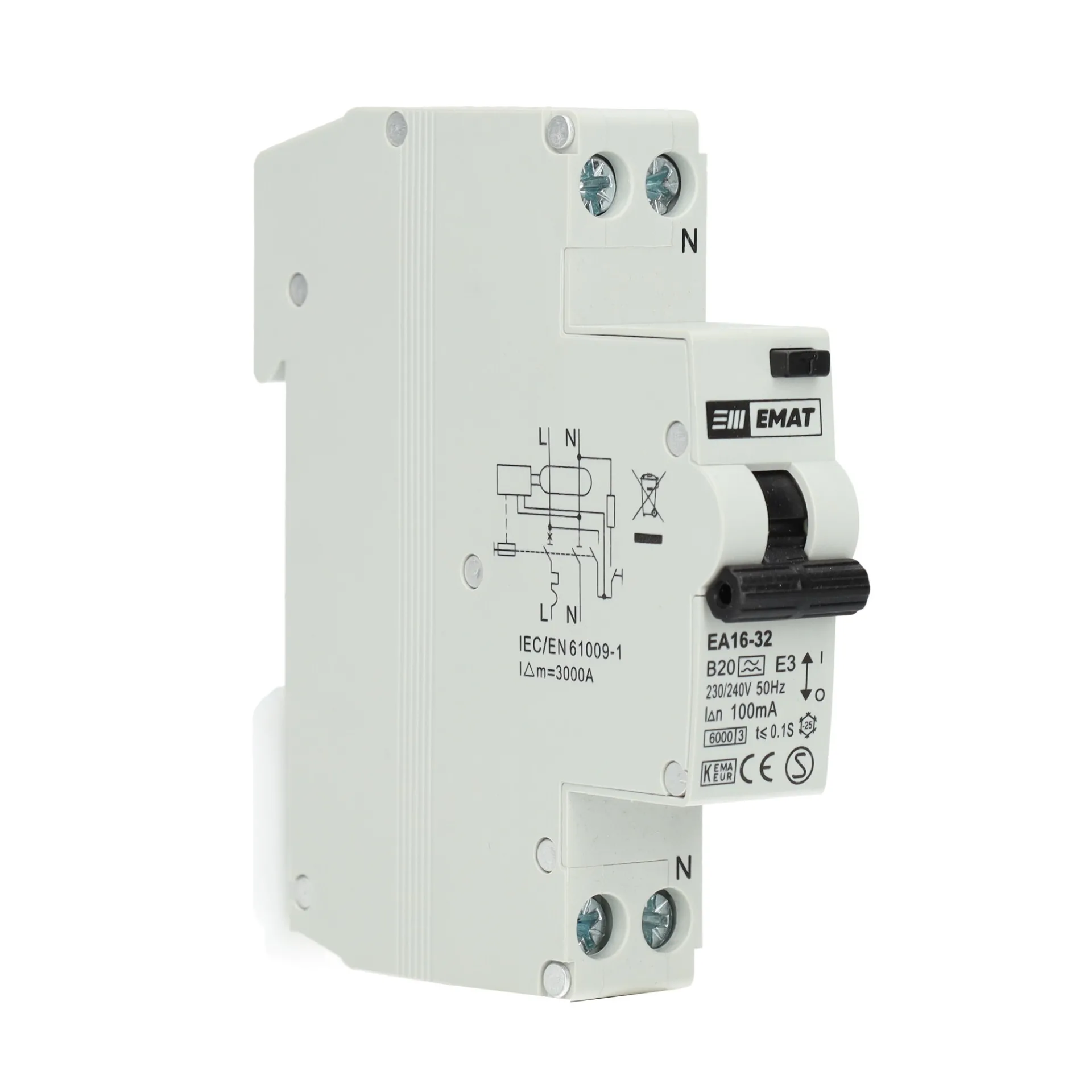 EMAT aardlekautomaat 1-polig+nul 20A B-kar 100mA